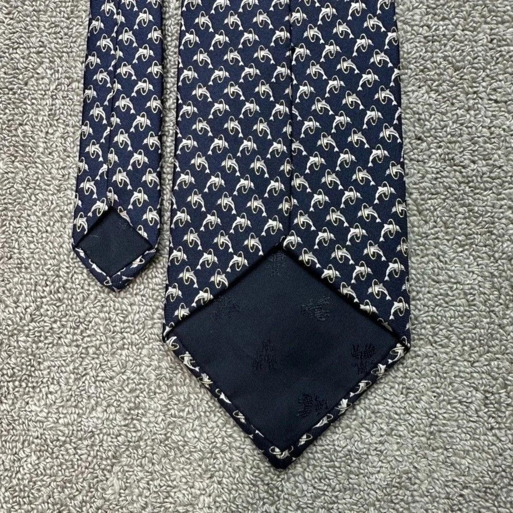 Brooks Brothers Makers Navy Blue Silk Dolphin Hoop Pattern Tie Made in USA